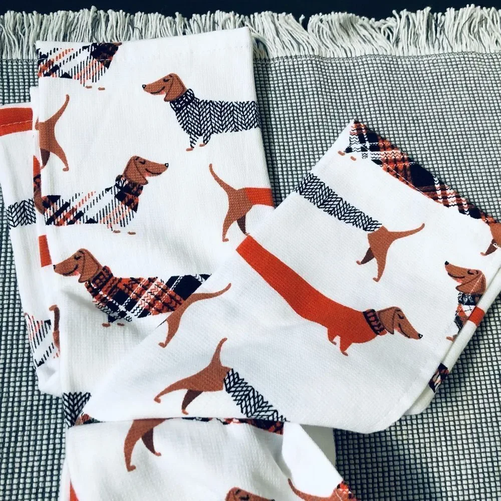 Halloween Dachshund Dog Happy Halloweenie Fall Plaid Kitchen Dish Towels
